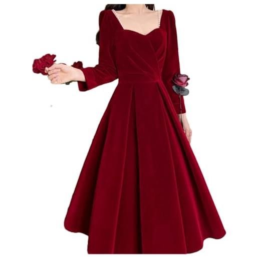 Generic abito da donna in pile a maniche lunghe con scollo quadrato scintillante con perline, borgogna, s