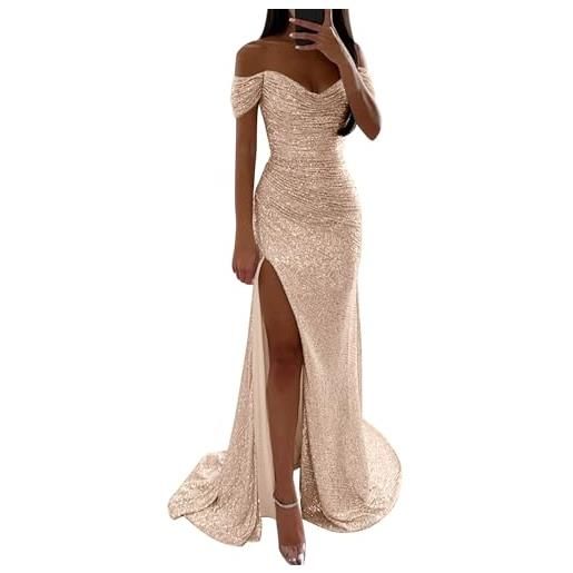 Foweknow abito da sera da donna lungo a spalle scoperte, con brillantini, elegante, per matrimonio, con paillettes, sexy, linea a, alla moda, con fessura, casual, da ballo, da cocktail, oro rosa. , s