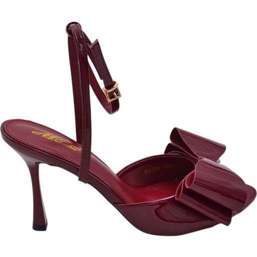 Malu Shoes sandalo donna in vernice bordeaux con fiocco tono su tono tacco a clessidra 12 cm cinturino alla caviglia regolabile