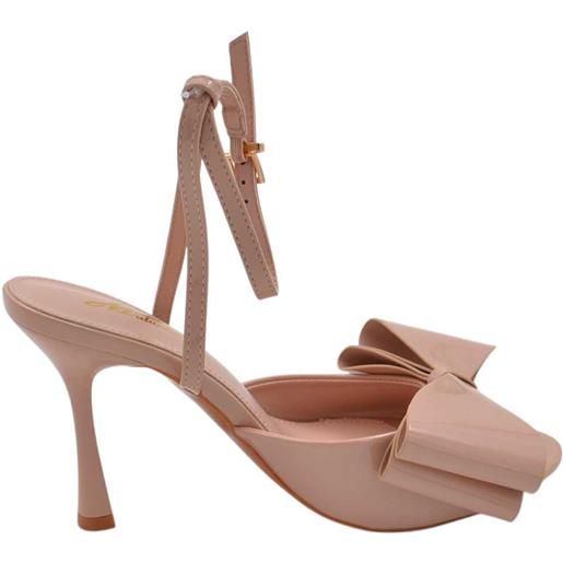 Malu Shoes sandalo donna in vernice beige nude con fiocco tono su tono tacco a clessidra 12 cm cinturino alla caviglia regolabile