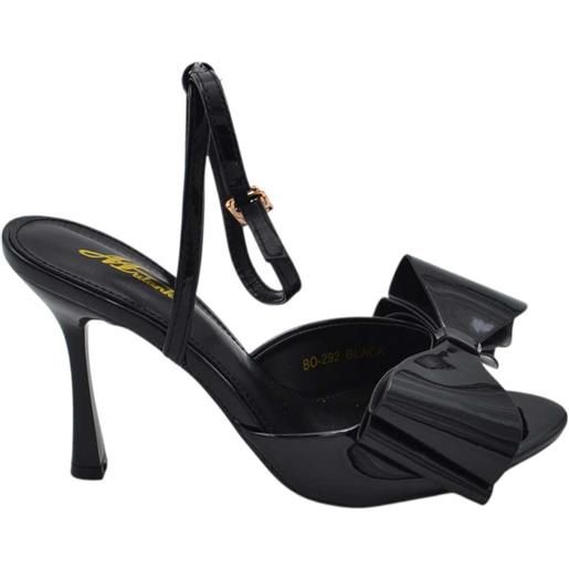 Malu Shoes sandalo donna in vernice nera con fiocco tono su tono tacco a clessidra 12 cm cinturino alla caviglia regolabile