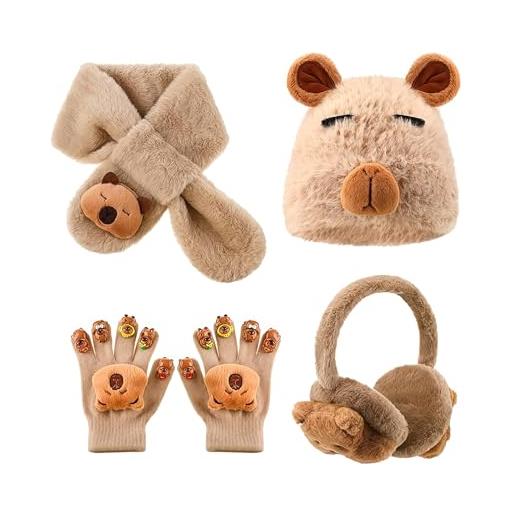 Zosutetoxo set cappello e sciarpa 4 pezzi per bambina con guanti, design di capibara accogliente per inverni caldi, traspirante, regalo ideale