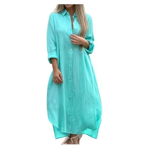 WOXIHUAN abito estivo da donna, in cotone lino, a maniche lunghe, a maniche corte, maxi abito in lino con tasche, con scollo a v, a strati, stile boho, casual, stile retrò, caftano azzurro m