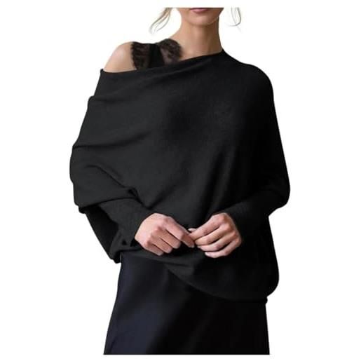 Generic pullover da donna a pipistrello, asimmetrico drappeggiato a maniche lunghe maglioni morbidi, girocollo con spalle scoperte maglione pullover lavorato a maglia, viola, taglia unica