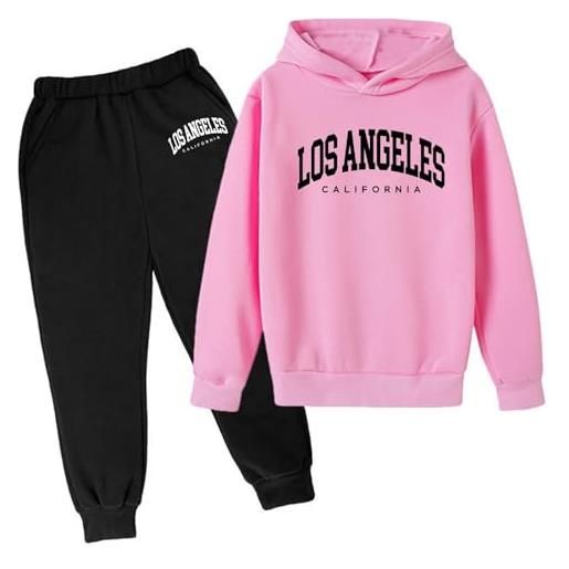 Generic abiti per ragazze autunno casual per ragazze bambini con cappuccio los angeles california foderato in pile per bambini comodi tute con cappuccio accogliente set di felpa sportiva abbinata, rosa, 11-12