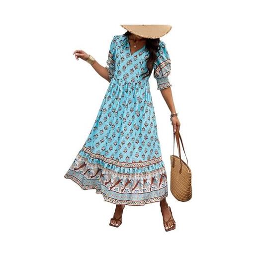 Hykytyhk 2024 - maxi abito estivo da donna, motivo floreale, stile bohémien, blu, xl