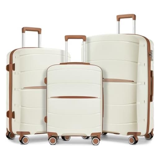 KONO set valigie pp - trolley bagaglio a mano, media e grande con blocco aeroportuale e ruote 360° silenziose per viaggi business e famiglia (set di 3 valigie, crema/marrone)