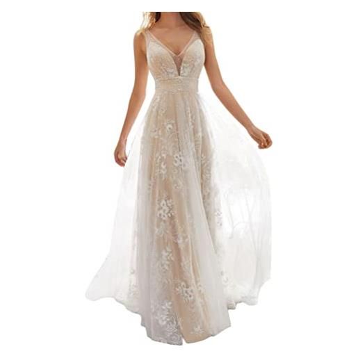 Onsoyours abiti da sposa donna elegante senza maniche scollo a v nuzial abito con spacco pizzo lungo vestito bianco 14 xl