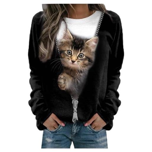 Generico donna felpa senza cappuccio con motivo a gatto maglietta maniche lunghe gatti carino maglioni divertenti con animali tops casual autunno inverno festa in costume