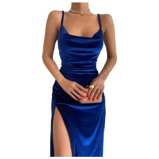 TICBRY abito da donna sexy in velluto con spalline sottili e coulisse aderente, 4 blu reale, s
