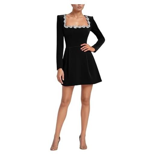 Generisch abito in velluto da donna autunno e inverno elegante mini abito con scollo quadrato u strass abito a maniche lunghe abito da cocktail linea a casual business abiti formali, bianco, l
