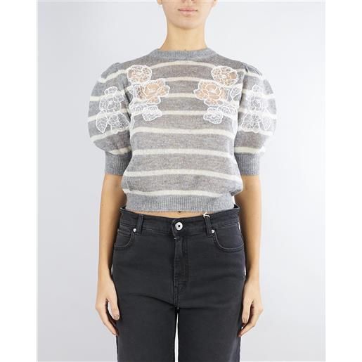 TWIN SET maglia grigio-panna in misto mohair con pizzo