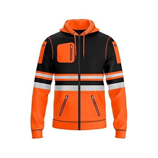 trending babz felpa con cappuccio da uomo hi vis con nastro riflettente di sicurezza con coulisse multi tasche con cerniera ad alta visibilità, arancione nero 13, xl