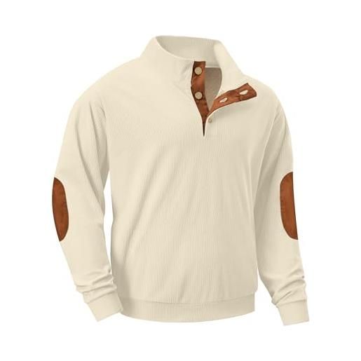 QIXING felpa da uomo in velluto a coste con collo a 1/4 bottone foderato in pile termico toppe gomiti pullover pesante, j06 marrone scuro, xl