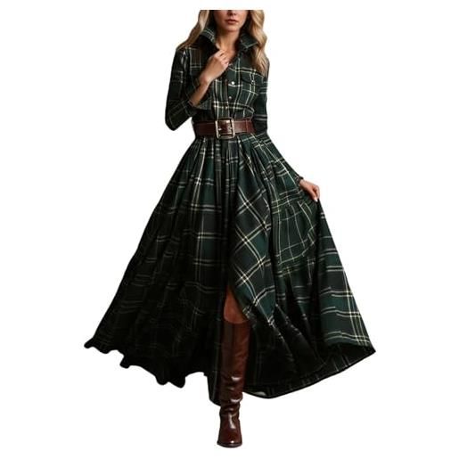 Genérico abito a maniche lunghe con chiusura a bottone, collo e cintura, abito a maniche lunghe, da donna, con stampa a scacchi vintage retrò, verde scuro, l