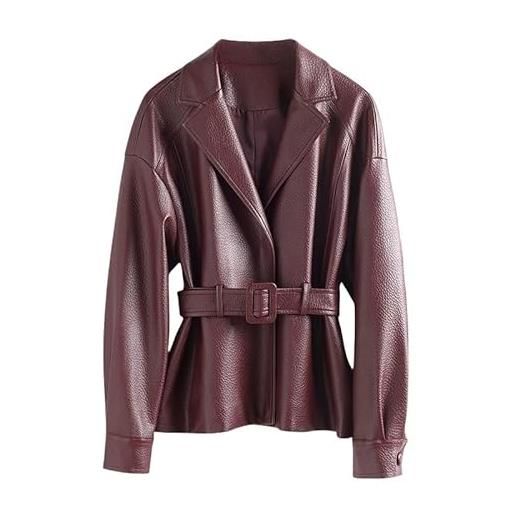 Generico blazer in vera pelle da donna elegante blazer in pelle di agnello con cintura giacca da ufficio antivento elegante giacca corta da abito per donna ufficio riunioni di lavoro borgogna xs
