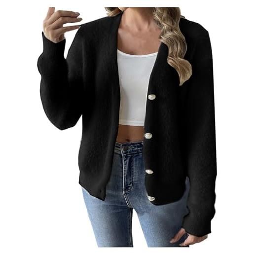 Generisch 2025 cardigan donna maglione cardigan con bottoni di perle e quattro bottoni per autunno e inverno maglione da donna tinta unita, nero , s