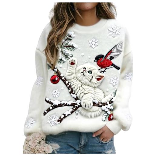 YHHRJAI maglione natalizio, felpa da donna con stampa 3d con gatto, divertente top in flanella, maglioni morbidi di transizione per le festività, elegante chic lavorato a maglia vintage, costume