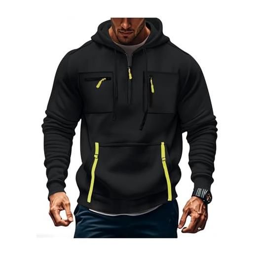 MakingDa felpa con cappuccio da uomo con zip a 1/4, a maniche lunghe, con tasca sul petto, con risvolto, in pile, vestibilità aderente, casual, per tutti i giorni, nero , 3xl