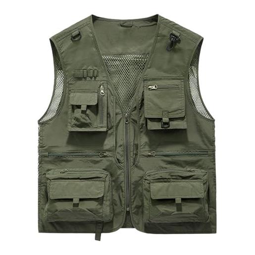 FITPOST gilet cargo in rete traspirante con zip, gilet estivo da lavoro da uomo con tasche, gilet tattico ad asciugatura rapida multi-tasca, verde, xl