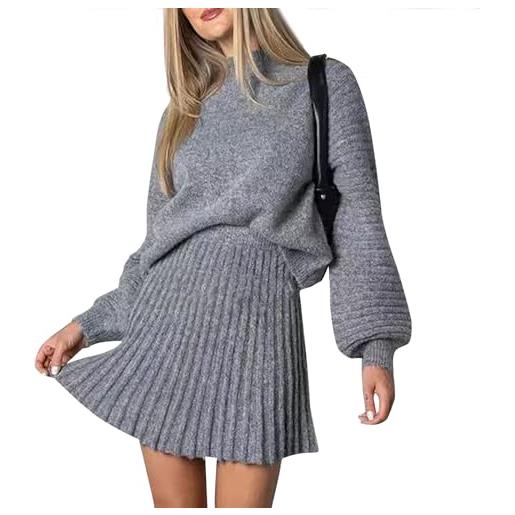 ThiCc set da 2 pezzi con gonna e maglione da donna, casual, a maniche lunghe, collo a lupetto, maglia a costine e minigonna plissettata a trapezio, casual, vestibilità larga, pullover da salotto, 
