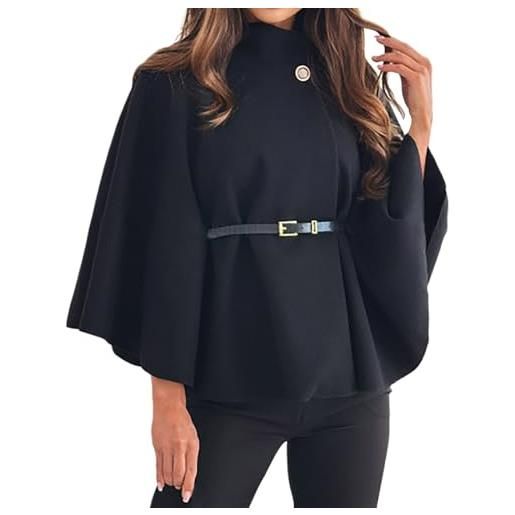 Generisch mantello da donna, elegante poncho invernale con maniche a pipistrello e cintura, tinta unita, collo alto, con bottoni, cappotto corto, alla moda, per il tempo libero, per attività all'aria