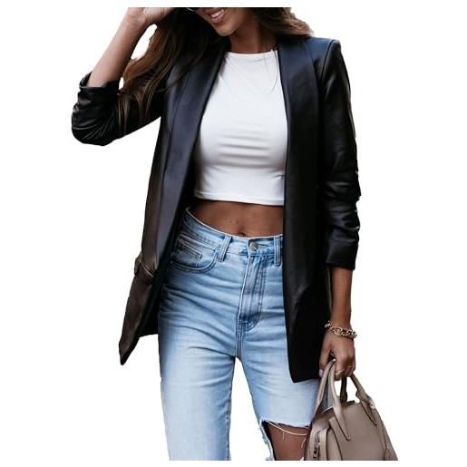 OULIWANGLUO giacca in pelle da donna con abito medio lungo, giacca in pelliccia antivento, sottile, per autunno e inverno, nero , s