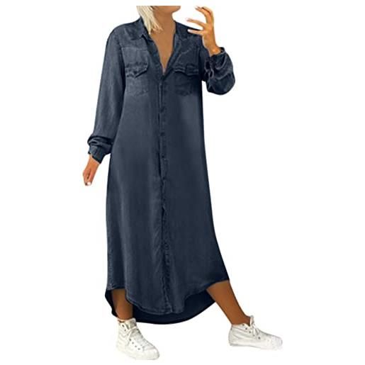 Generic abito in jeans da donna, estivo, a maniche lunghe, lungo, maxi abito in jeans, casual, con scollo a v, tunica, camicia, abito casual in denim, blu scuro, xxl