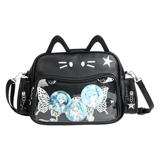 Zaino Kawaii Ita Bag Per Bambine E Ragazze - Con Finestra Trasparente Per Spille E Distintivi - Simpatico Design Panda, Nero - 2