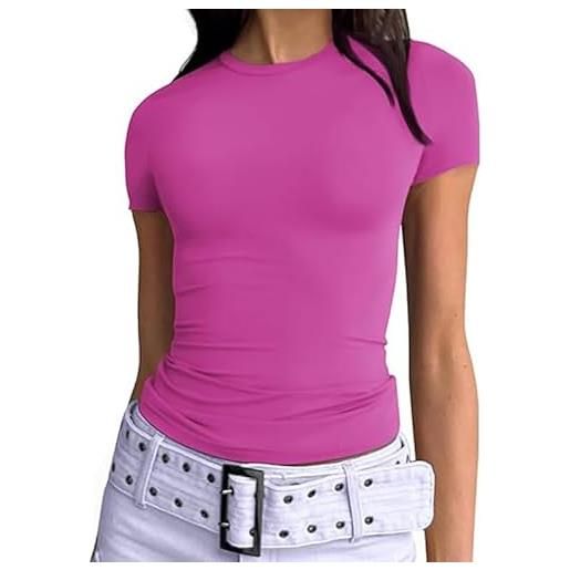 TANMESSO top corto a maniche corte da donna t-shirt con scollo rotondo, carino y2k summer basics, magliette slim fit per uscite casual e abbigliamento alla moda 2025, fucsia, s