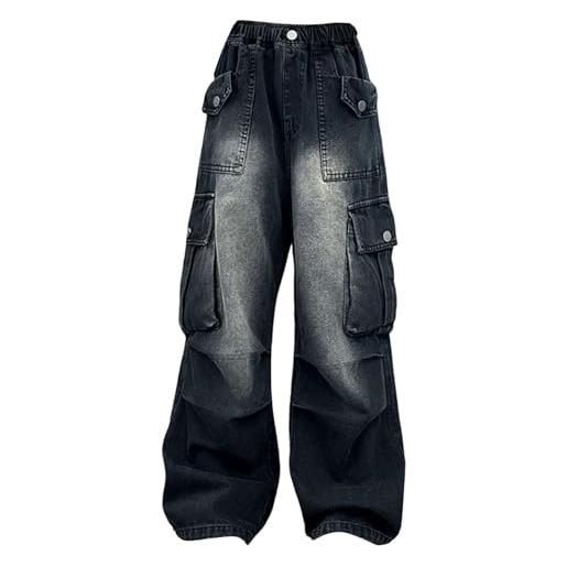 Generic jeans cargo per bambini multi tasche baggy streetwear y2k pantaloni in denim teen youth bottoni elastico vita alta gamba larga jeans dritti vintage casual allentato strappato denim pantaloni, nero