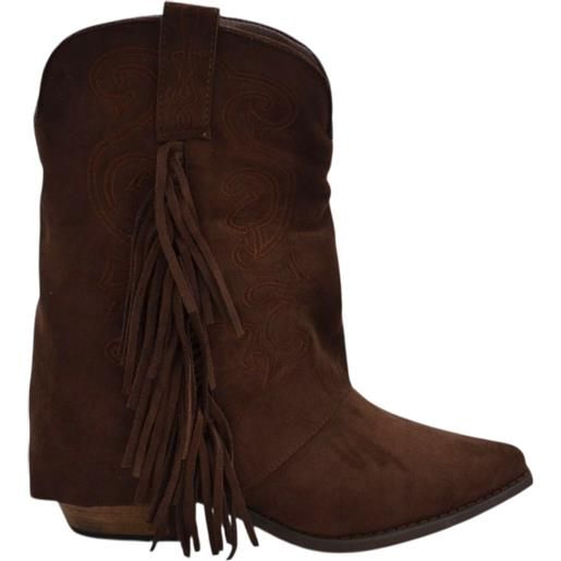 Malu Shoes stivaletti donna tronchetti shark a punta in camoscio marrone risvolto con frange cuciture tacco western 5 cm