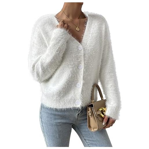 Viottiset maglione da donna peloso cardigan anteriore aperto abbottonatura locker, bianco, s