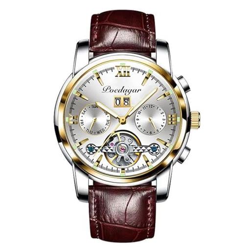 RORIOS Orologio Uomo Automatico Meccanico - Quadrante Scheletrato, Cinturino In Pelle, Impermeabile 30m, Regalo