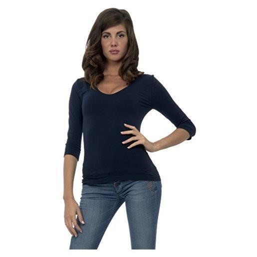 SENSI' maglia donna scollo a v fronte retro con nastro in raso e manica a tre quarti in microfibra traspirante senza cuciture seamless made in italy (blu notte, l-xl)
