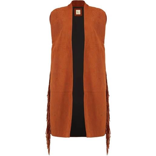 PAULA gilet in pelle scamosciata con ricamo - marrone
