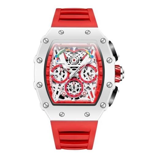 RORIOS Orologio Uomo Tonneau Trasparente - Silicone, Quarzo, Cronografo, Impermeabile 50m