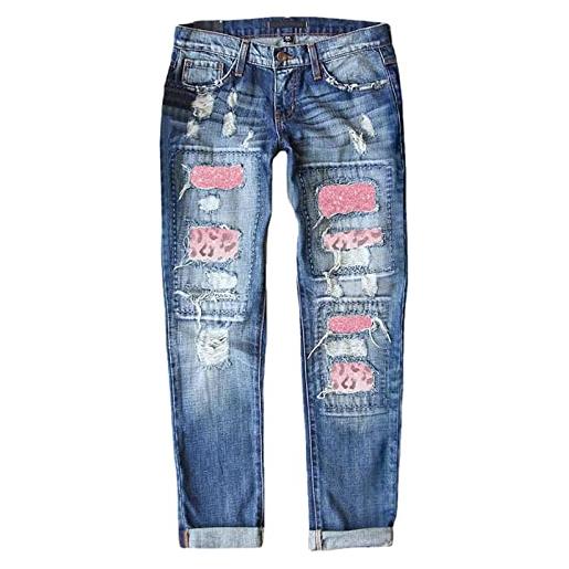 Generico jeans larghi casual con strass con bottoni eleganti jeans boyfriend donna baggy denim pantaloni a palazzo elasticizzati pantaloni skinny con brillantini (blue, xl)