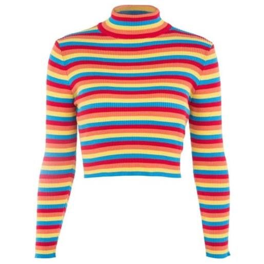 DSXH donna autunno manica lunga dolcevita maglione colorato arcobaleno strisce breve crop top aderente a costine maglia basic pullover jumper