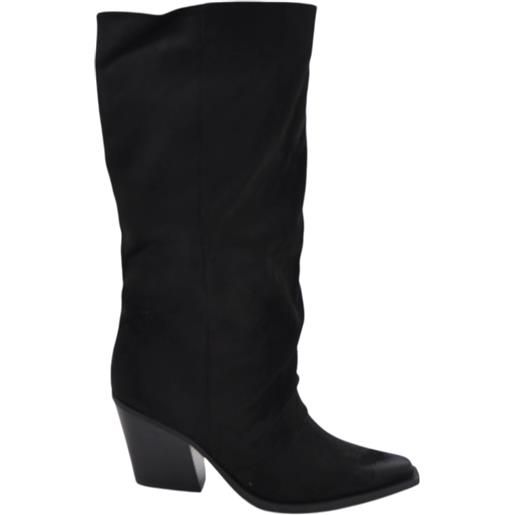 Malu Shoes stivali donna camperos texani stile western nero arricciato pelle scamosciata zip altezza polpaccio