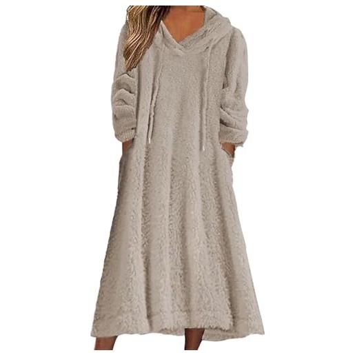 WAZHAKU abito invernale da donna in pile, lungo, a maniche lunghe, invernale, con cappuccio, caldo, maxi abito da donna, scollo a v, con tasche, abito da donna, elegante, tinta unita, con fodera