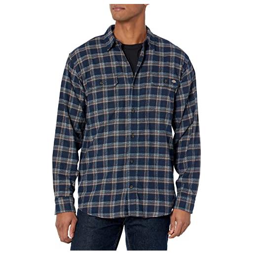 Dickies flex long sleeve flannel shirt camicia button-down, ink navy/chocolate brown/clear blue unbalanced, s uomo