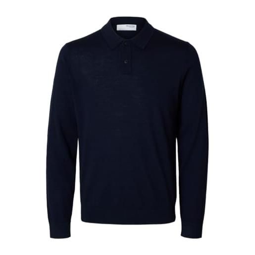 Selected homme slhtray ls knit - polo da uomo in lana merino noos, nero, m