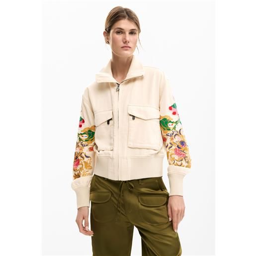Desigual, giacca patch fiori, donna, viscosa, bianco, l