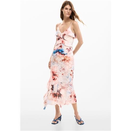 Desigual, vestito a fiori con volant, donna, poliestere, rosso, l