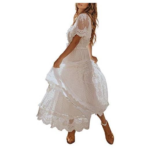 Onsoyours vestito da donna a maniche corte in pizzo abito da sposa lungo sera abiti da elegante damigella d'onore partito c bianco xs