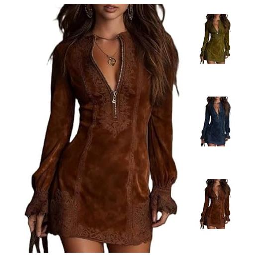 Generic abito da donna in camoscio con scollo a v, con cerniera, mini abiti autunnali in pelle scamosciata con mezza zip, abiti chic da cowgirl, marrone, l