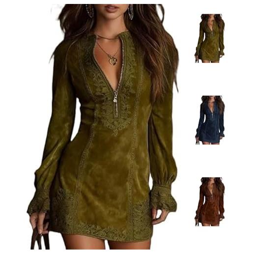 Generic abito da donna in camoscio con scollo a v, con cerniera, mini abiti autunnali in pelle scamosciata con mezza zip, abiti chic da cowgirl, marrone, s