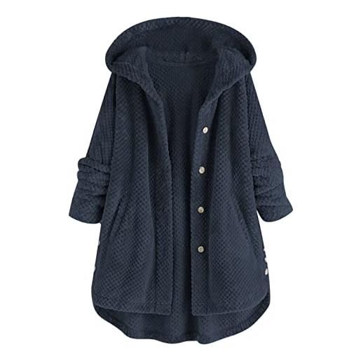 KBOPLEMQ cappotto invernale da donna, lungo, soffice, in pile, elegante, per le mezze stagioni, autunno, inverno, tinta unita, morbido, caldo, per il tempo libero, giacca in pile teddy, o blu navy, xl