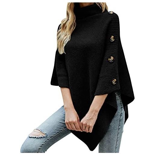 Generisch poncho lungo da donna, maglione lavorato a maglia, per l'estate e l'inverno, poncho a collo alto, a maglia con maglione decorativo a maglia, nero , taglia unica